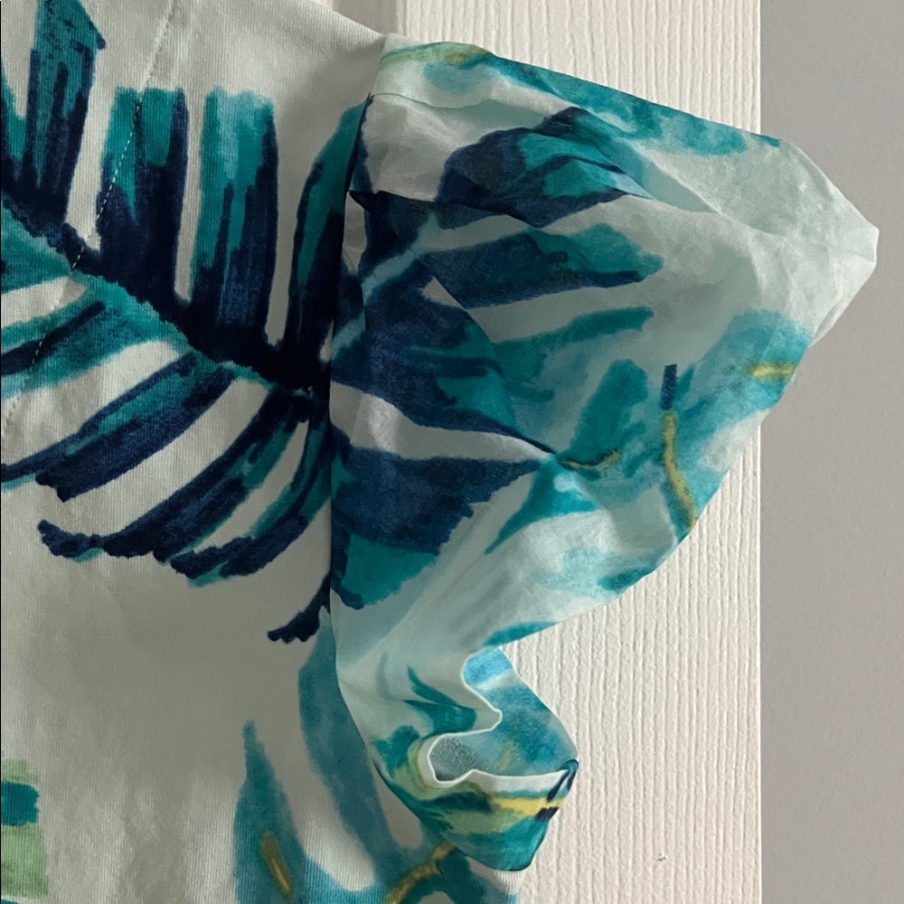 Chico's Aqua Tropical Leaf Pattern Short-Sleeve Blouse - size Small (Chico’s 0) - Picture 6 of 8